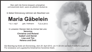 Traueranzeige von Maria Gaebelein von Pegnitz-Zeitung